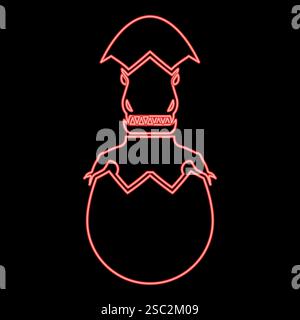 Neon evil dinosaur hatch from egg cracked eggshell red color vector illustration image flat style light Stock Vector