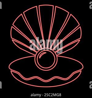 Neon pearl in seashell shell with pearlized inside open red color vector illustration image flat style light Stock Vector