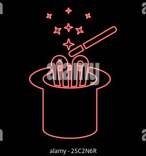 Neon hare ears in wizard's hat magic wand wizard conjure cylinder bunny rabbit appearing trick concept red color vector illustration image flat style Stock Vector