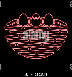 Neon bird's nest bird with egg red color vector illustration image flat style light Stock Vector
