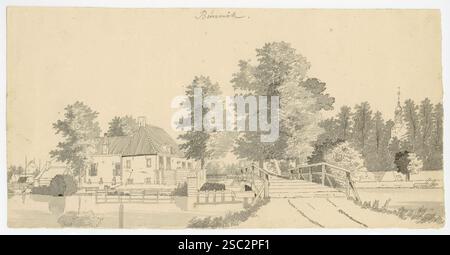 Gezicht op een brug over de Kromme Rijn bij Bunnik met links een groot huis. Stock Photo