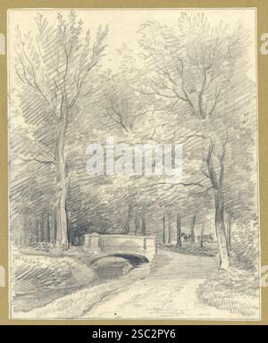 Gezicht op een zandweg en een sloot met een stenen brug in het landschapspark van de buitenplaats Beukenburg aan de Beukenburgerlaan bij Groenekan gem. Stock Photo