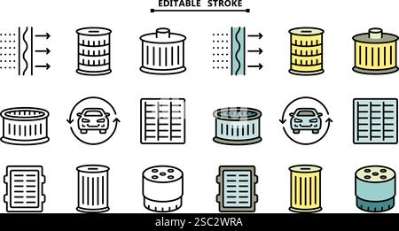Different car filters icons set. Editable stroke. Simple image of oil, gasoline and air filter for cleaning fuel, air and oil. Car service color icons Stock Vector