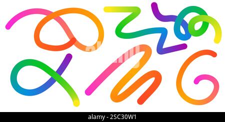 Abstract Color Rainbow Gradient Shapes Set. Vector Graphic with Wavy Lines in Bright Colors. Colorful Fluid Wave Pattern. Squiggly Design Elements. Stock Vector