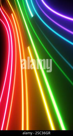Flowing neon light lines in rainbow colors create a dynamic and vibrant background, perfect for pride celebrations and events Stock Photo