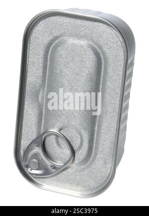 Rectangular tin can with ring for opening on isolated background Stock Photo