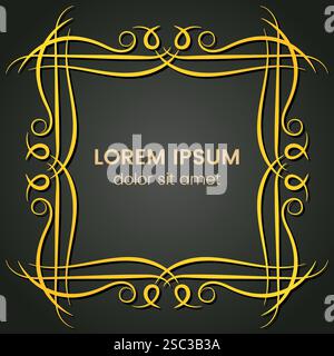 A square golden monogram element on a dark background. Vector illustration. Stock Vector