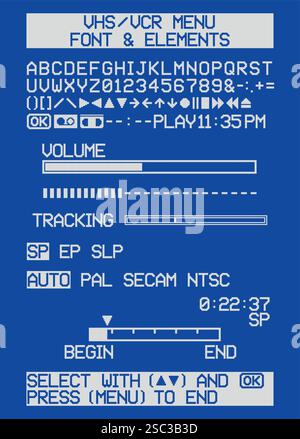 Vector illustration of VHS VCR menu with font, icons and elements Stock Vector