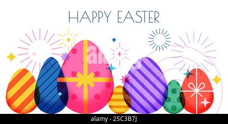 Happy Easter celebration banner, poster with colorful eggs and fireworks. Vector illustration. Geometric color design. Holiday party decoration, invit Stock Vector