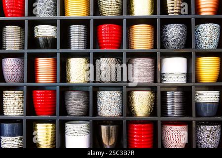 Many multicolored empty ceramic flower pots on wooden shelf. Houseplant pots, pots for indoor plants. Stock Photo