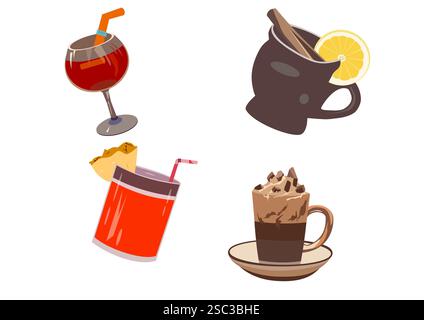 Set of different drinks: mulled wine, coffee, cocktail, tea. Stock Photo