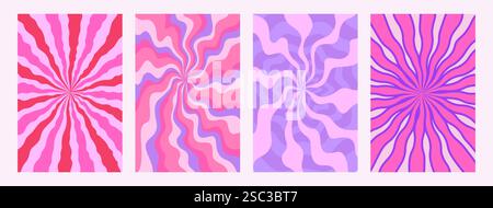 Abstract psychedelic radial wavy stripe pattern set. Groovy sunburst backgrounds pink colors. Trendy twisted funky vector texture in abstract y2k Stock Vector