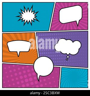 Colorful comic book page background in pop art style with empty speech bubbles. Template with rays and dots pattern. Vector illustration Stock Vector