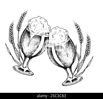 Vector Glass of beer with cap of foam and ears of wheat. Graphic ink ale illustration, eco, organic rye or barley and cones isolated on background Stock Vector