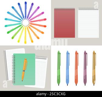 Set of four vector illustration with notebooks, pens and pencils. Stock Vector