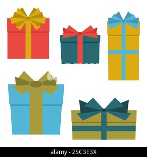 Collection of five multi colored gift boxes. Vector illustration Stock Vector