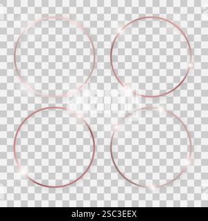Set of four rose gold shiny round frames with glowing effects and shadows on transparent background. Vector illustration Stock Vector
