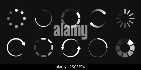 Loading icons set. Upload, download or updating status. Circular indicator of progress, loaders. Interface elements for website. Flat vector Stock Vector