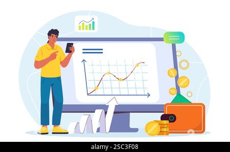 Money analytics concept. Man with smartphone analyzes graph. Financial literacy, assessment of income and expenses. Accounting and budgeting. Mobile Stock Vector