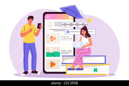 Students watch online lesson. Man and woman near smartphone and stack of books. Remote education, learning and training. Lecture and lesson on Stock Vector