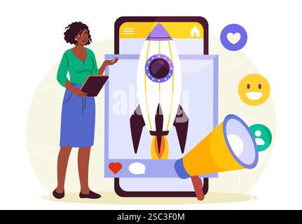 Start up promotion. Woman launches rocket on smartphone screen. Marketing and advertising on Internet. Financial literacy and passive income. Social Stock Vector