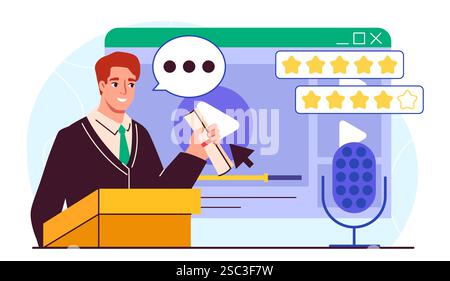 Public speaker concept. Man with microphone communicates with audience. Students speech after graduation. Education, learning and training. Flat Stock Vector
