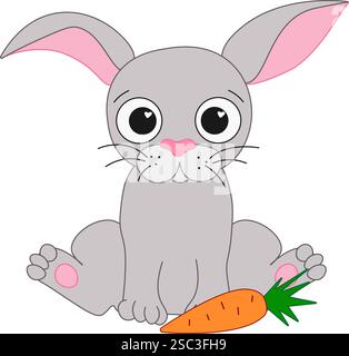 Cartoon happy rabbit bunny with a carrot, cute graphic line vector illustration. Chinese new year 2035 Rabbit lunar lantern festival Stock Vector