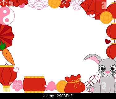 Chinese New Year 2035 bunny rabbit modern art design in red, gold and white colors for cover, card, poster, banner with trendy geometric pattern. Luna Stock Vector