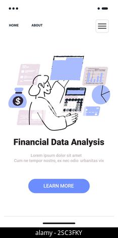 Financial data analysis concept person using calculator charts graphs money bag minimalist thin line design mobile app screen Stock Vector