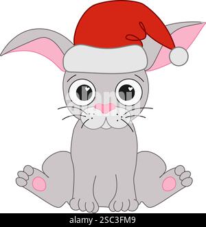 Cute Christmas Bunny with Santa Hat graphic line vector Illustration. Chinese new year 2035 Rabbit lunar lantern festival Stock Vector