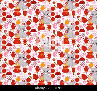 chinese new year elements seamless pattern 2035 rabbit bunny. Lantern lunar festival vector graphic line illustration Stock Vector