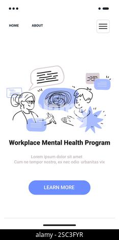 Workplace mental health program discussion doodle style. Two people converse with speech bubbles and abstract shapes in a minimalist mobile app screen Stock Vector