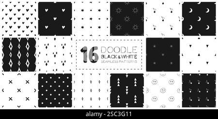 16 Doodle seamless patterns collection. Stock Vector