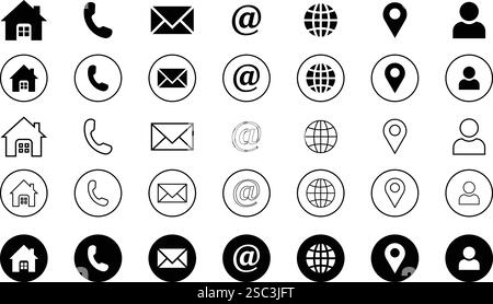 Business icon for company. Web icon set. Phone, name, website, address, location and mail logo symbol sign pack. Contact information icons. Stock Vector