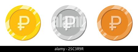 Ruble coin. Russian currency. shiny effect. gold, silver and bronze coin.  vector illustration. Stock Vector