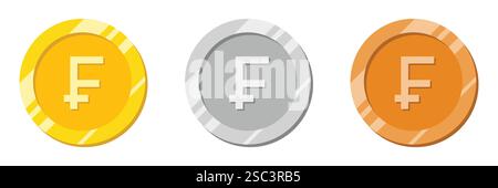 Money coin. Frank sign. Switzerland and Afican currency icon. gold, silver and bronze Frank coin. shiny effect. vector illustration. Stock Vector