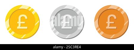 Pound coin. united kingdom currency icon set. shiny effect in gold, silver and bronze. vector illustration. Stock Vector
