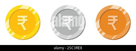 Rupees coin. Indian currency. shiny effect and in three different color gold, silver and bronze. vector illustration. Stock Vector