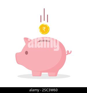 Piggy bank with dollar coin currency vector illustration in pink color. Saving, investing and accumulation money. Pig in a flat style. Stock Vector