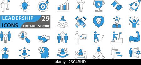 Leadership icon set. Containing leader, vision, guidance, mentorship, coaching, influence, charisma, challenge, lead and more. Vector illustration. se Stock Vector