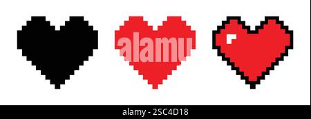 Pixel heart icon set in three different colours like red and black. zigzag style. vector illustration. Stock Vector