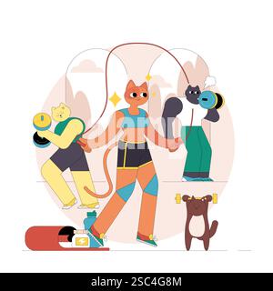 A group of animated animals engages in fitness activities, showcasing teamwork and fun. The characters are lifting weights and capturing their workout moments, promoting an active lifestyle. Vector illustration. Stock Vector