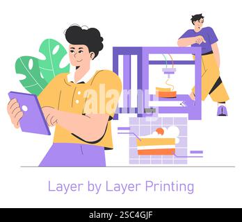 3D Food Printing concept. Illustration of innovative technology in culinary, featuring characters creating edible items with a 3D printer. Modern cuisine meets technology. Vector illustration. Stock Vector