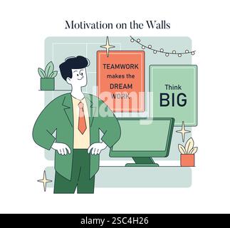 Motivation on the Walls concept. This illustration captures the essence of inspiration in a workspace, emphasizing messages like "TEAMWORK makes the DREAM WORK" and "Think BIG." It conveys a positive atmosphere, encouraging collaboration and growth. Vector illustration. Stock Vector
