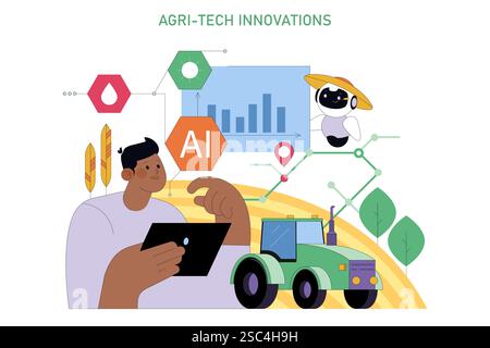 National Agriculture Day concept. Illustration of a farmer using AI and technology for modern farming practices. Advances in agri-tech for sustainable agriculture. Vector illustration. Stock Vector