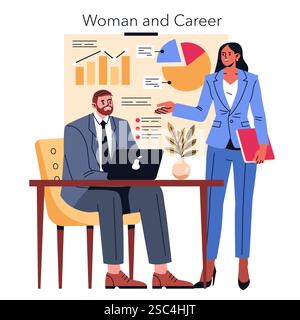 Celebrating International Women's Day, this illustration portrays a confident woman engaging in a professional setting. She stands beside a man at a desk, showcasing her leadership skills. The background features charts and data, emphasizing women's contributions in the workplace and gender equality. Vector illustration. Stock Vector