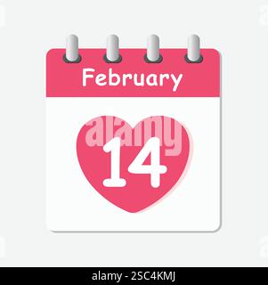 14 February month calendar, valentine's day, spiral calendar icon, pink calendar. white background. vector illustration. Stock Vector