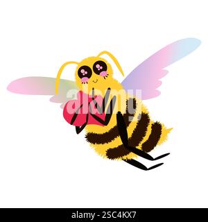 Fluffy Bee character with colorful wings flying and holding big heart. Romantic and cute cartoon Bee vector illustrations. Isolated Stock Vector