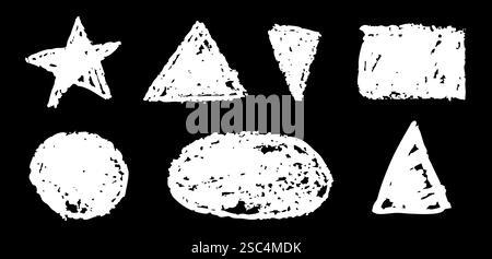 Set of basic geometric shapes. Circle, star, rectangle, triangle and oval drawn with white charcoal. Collection of geometric symbols or text box for Stock Vector