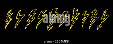 Set of lightning by wax pencil drawing. Collection of handdrawing chalk , light flash signs, Doodle thunder bolts, golden color design elements Stock Vector